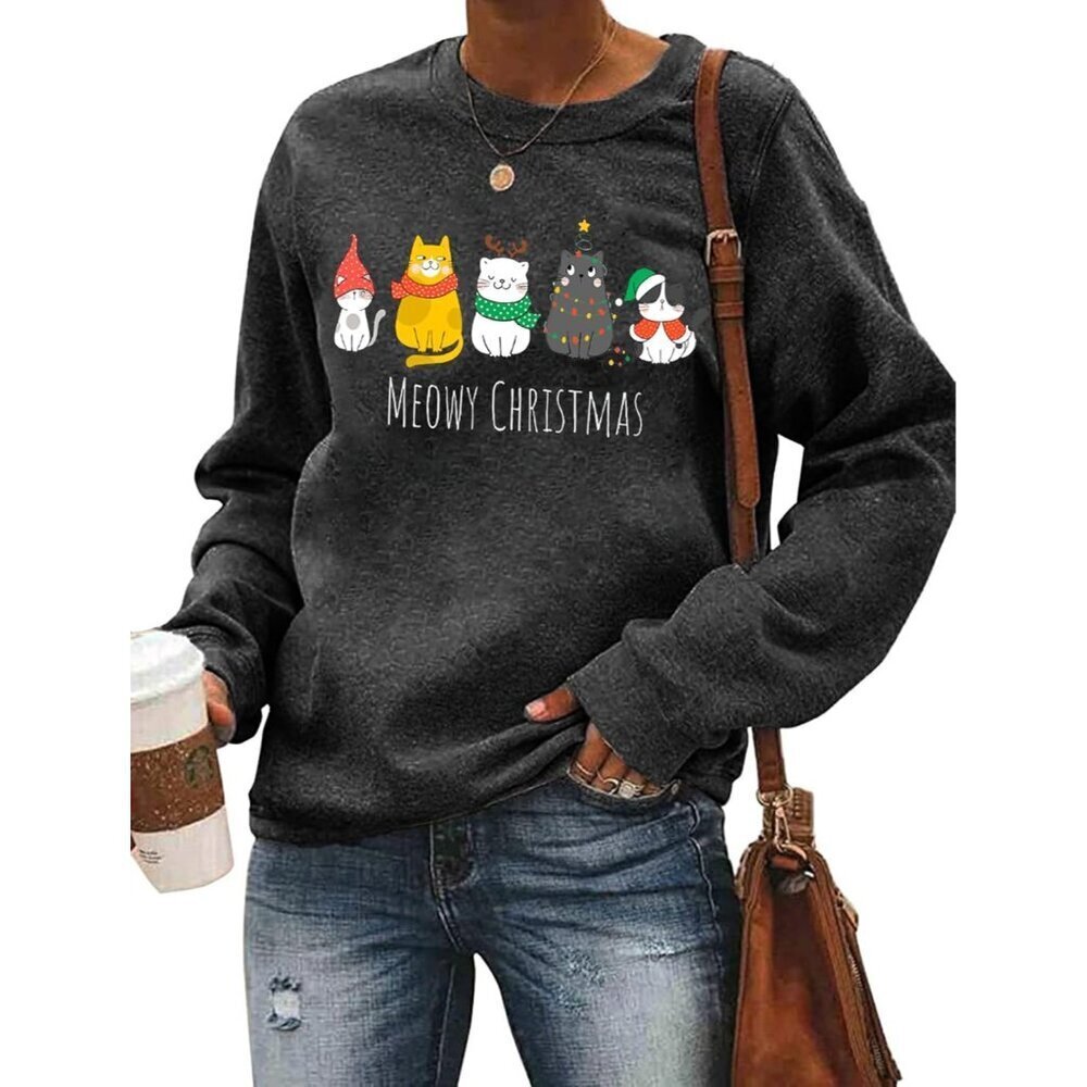 Women Christmas Sweatshirt Cat Print Holiday Pullover Long Sleeve Gift
